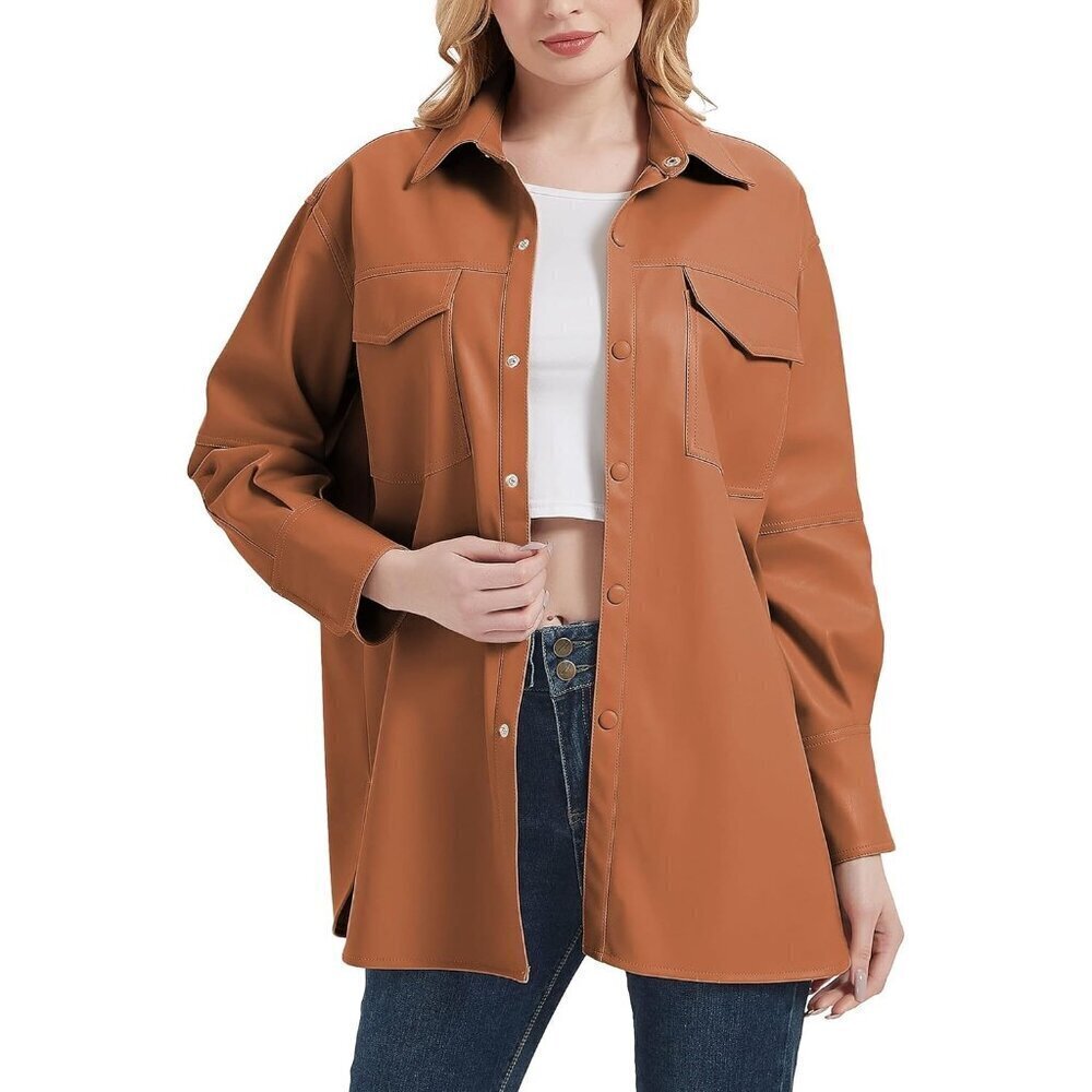 🆕 Women Brown Faux Leather Blazer Jackets Spring Fashion Vegan Button Down Coat